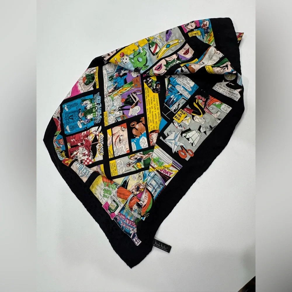 Nicole Miller Vintage Graphic Comic Print 100% Silk Scarf Black Pop Art‎ 42”